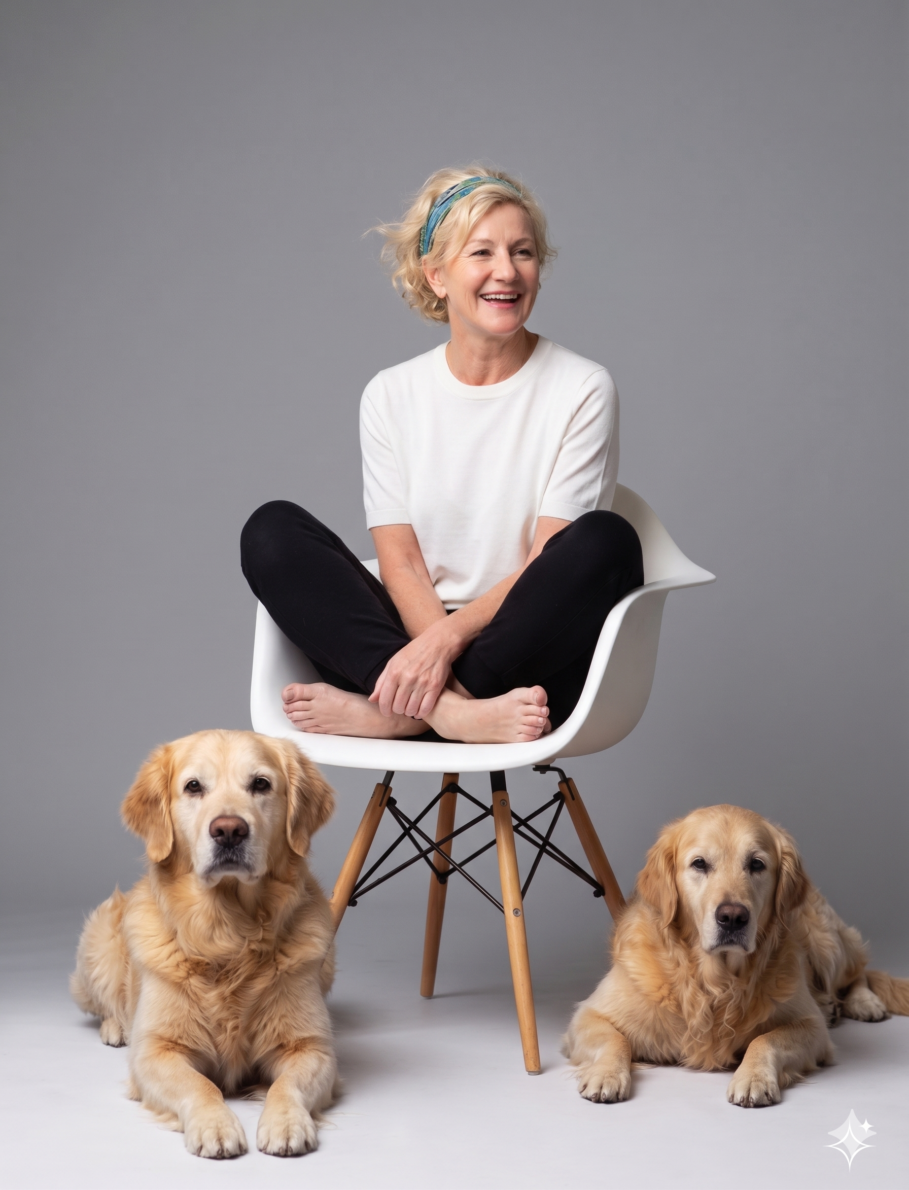 Nicole Hempel auf dem Stuhl, ihre beiden Golden Retriever liegen davor